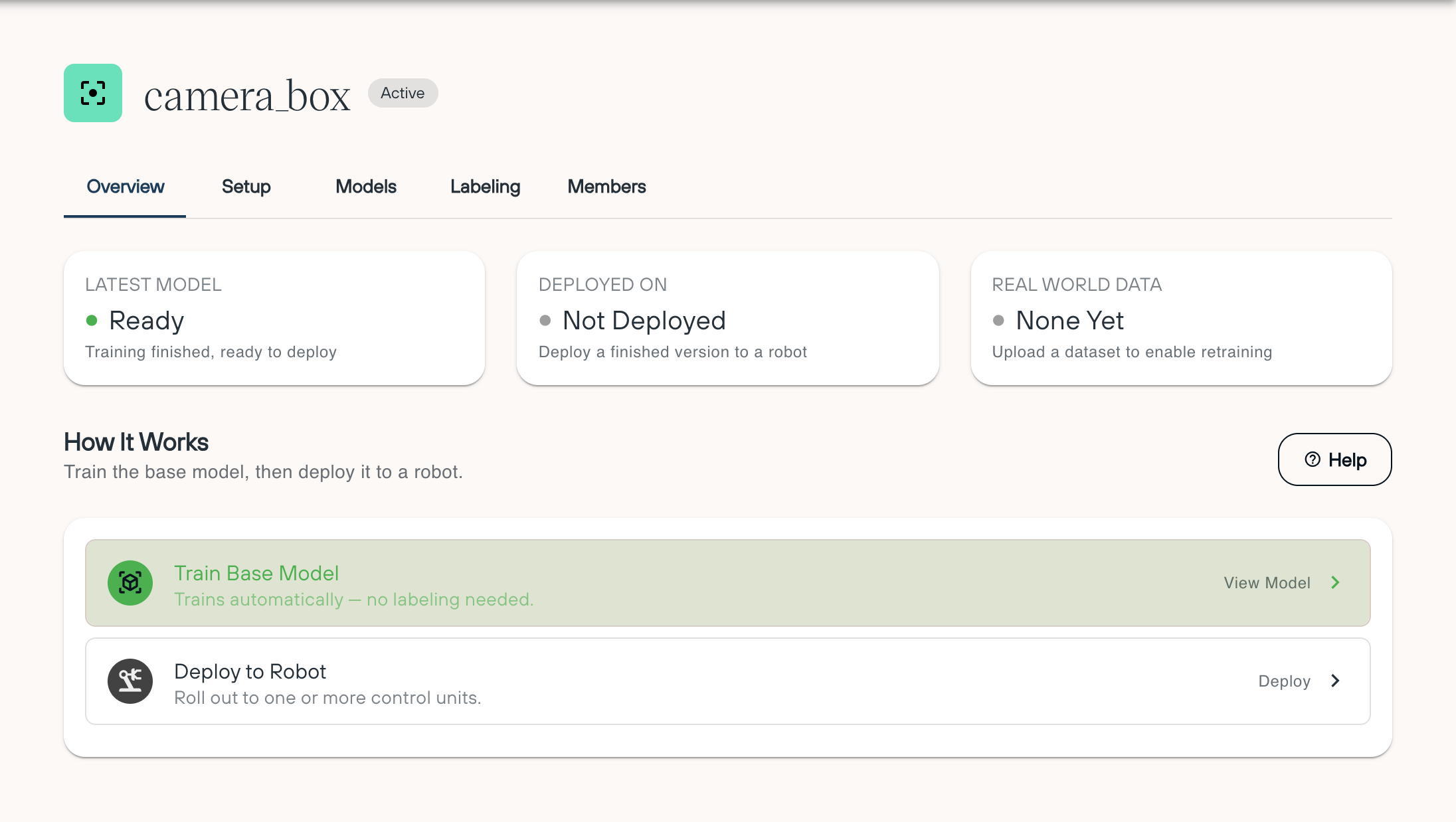 The Overview tab of a vision project